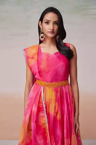 This multi color flared organza dress with dupatta.