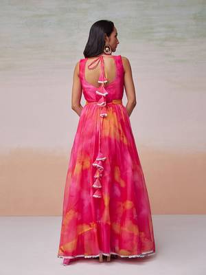 This multi color flared organza dress with dupatta. 4