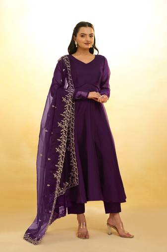 Fusionic purple zari work anarkali-salwar-kameez with dupatta