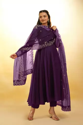 Fusionic purple zari work anarkali-salwar-kameez with dupatta