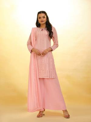 Sequin stripe pink palazzo with dupatta set. 1