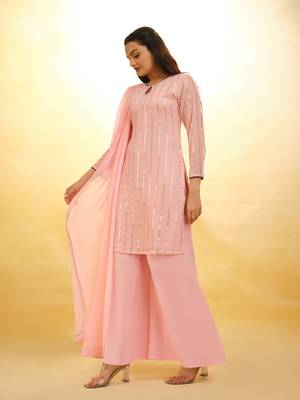 Sequin stripe pink palazzo with dupatta set. 2