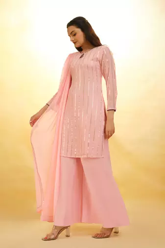 Sequin stripe pink palazzo with dupatta set.