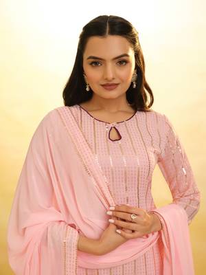 Sequin stripe pink palazzo with dupatta set. 3