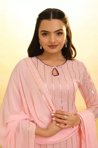 Sequin stripe pink palazzo with dupatta set.