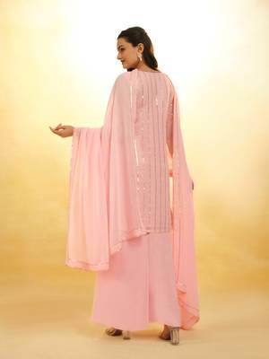 Sequin stripe pink palazzo with dupatta set. 4