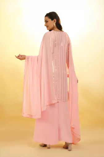 Sequin stripe pink palazzo with dupatta set.
