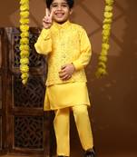 Yellow embellished silk waistcoat with kurta & pant set for boys party,wedding outfits traditional wear