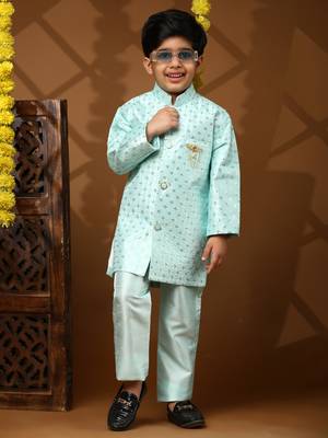 Firozi embellished silk indowestern set for boys party,wedding outfits traditional wear 1