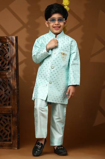 Firozi embellished silk indowestern set for boys party,wedding outfits traditional wear