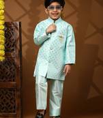 Firozi embellished silk indowestern set for boys party,wedding outfits traditional wear