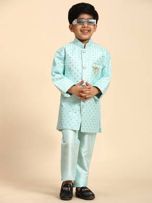 Firozi embellished silk indowestern set for boys party,wedding outfits traditional wear 2