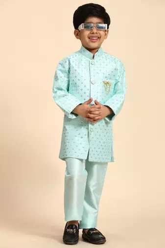 Firozi embellished silk indowestern set for boys party,wedding outfits traditional wear