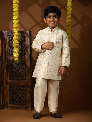 Cream embellished silk indowestern set for boys party,wedding outfits traditional wear 1