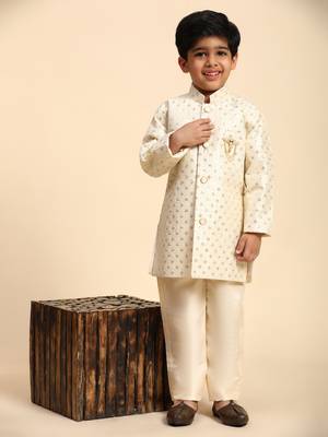 Cream embellished silk indowestern set for boys party,wedding outfits traditional wear 2