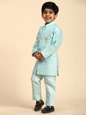 Firozi embellished silk indowestern set for boys party,wedding outfits traditional wear 3