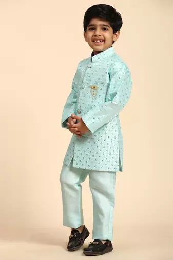 Firozi embellished silk indowestern set for boys party,wedding outfits traditional wear