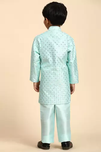 Firozi embellished silk indowestern set for boys party,wedding outfits traditional wear