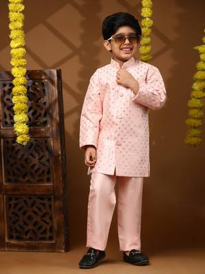 Pink embellished silk indowestern set for boys party,wedding outfits traditional wear 1