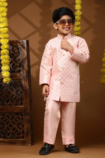 Pink embellished silk indowestern set for boys party,wedding outfits traditional wear
