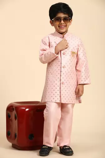 Pink embellished silk indowestern set for boys party,wedding outfits traditional wear