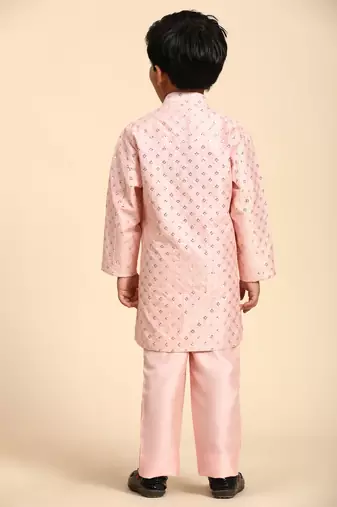 Pink embellished silk indowestern set for boys party,wedding outfits traditional wear