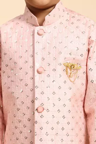 Pink embellished silk indowestern set for boys party,wedding outfits traditional wear