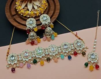 Indian bollywood  tradtional gold plated bridal kundan choker wedding earring necklace jewellery set 1