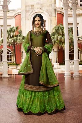 Green & Brown Embroidered Satin Georgette Semi Stitched Straight Lehenga Suit Up To 42" Size 1