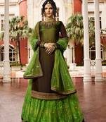 Green & Brown Embroidered Satin Georgette Semi Stitched Straight Lehenga Suit Up To 42" Size