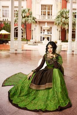 Green & Brown Embroidered Satin Georgette Semi Stitched Straight Lehenga Suit Up To 42" Size 2
