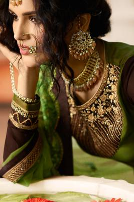 Green & Brown Embroidered Satin Georgette Semi Stitched Straight Lehenga Suit Up To 42" Size 3