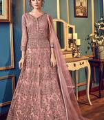 Rose Gold Embroidered Net Semi Stitched Anarkali Suit. Up To 42" Size