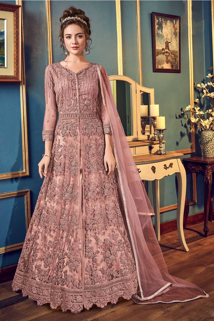 Rose Gold Embroidered Net Semi Stitched Anarkali Suit. Up To 42" Size
