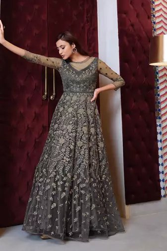 Grey Embroidered Net Semi Stitched Anarkali Suit. Up To 42" Size