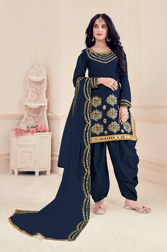 Blue Embroidered Art Silk Semi Stitched Punjabi Salwar Suit Up To 42" Size