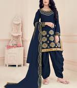 Blue Embroidered Art Silk Semi Stitched Punjabi Salwar Suit Up To 42" Size