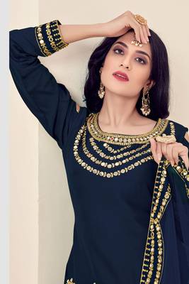 Blue Embroidered Art Silk Semi Stitched Punjabi Salwar Suit Up To 42" Size 2