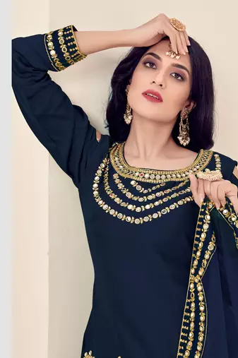 Blue Embroidered Art Silk Semi Stitched Punjabi Salwar Suit Up To 42" Size