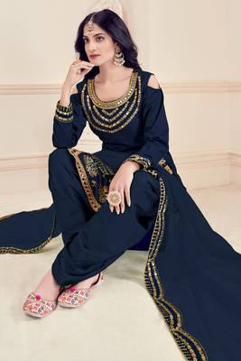 Blue Embroidered Art Silk Semi Stitched Punjabi Salwar Suit Up To 42" Size 3