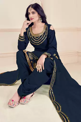 Blue Embroidered Art Silk Semi Stitched Punjabi Salwar Suit Up To 42" Size