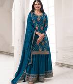 Prachi Desai's Elegant Blue Floral Printed Straight Suit Set For Women Pakistani Style