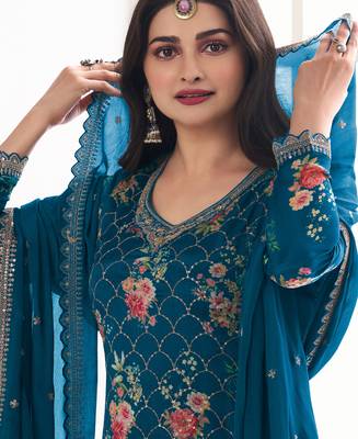 Prachi Desai's Elegant Blue Floral Printed Straight Suit Set For Women Pakistani Style 2