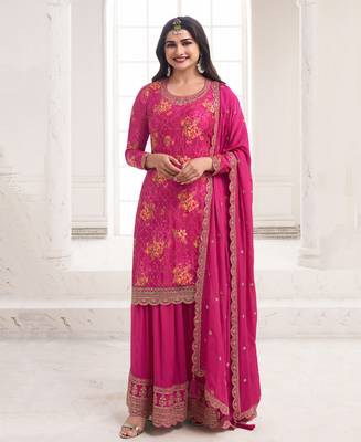 Prachi Desai's Elegant Rani Pink Floral Printed Straight Suit Set For Women Pakistani Style 1