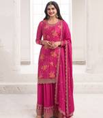 Prachi Desai's Elegant Rani Pink Floral Printed Straight Suit Set For Women Pakistani Style