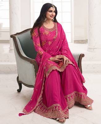 Prachi Desai's Elegant Rani Pink Floral Printed Straight Suit Set For Women Pakistani Style 3