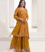 Prachi Desai's Elegant Yellow Floral Printed Straight Suit Set For Women Pakistani Style