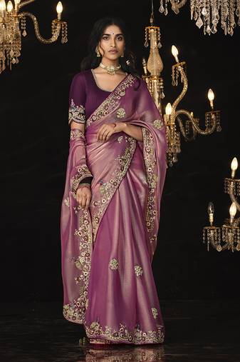 Stunning dark rose colour shimmer silk partywear sarees 2024