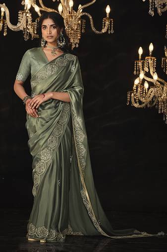 Stunning olive colour tissue silk partywear sarees 2024