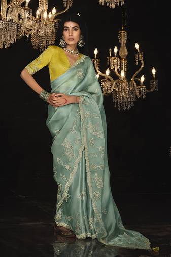 Stunning Sea Green Colour Organza Silk Partywear Sarees 2024